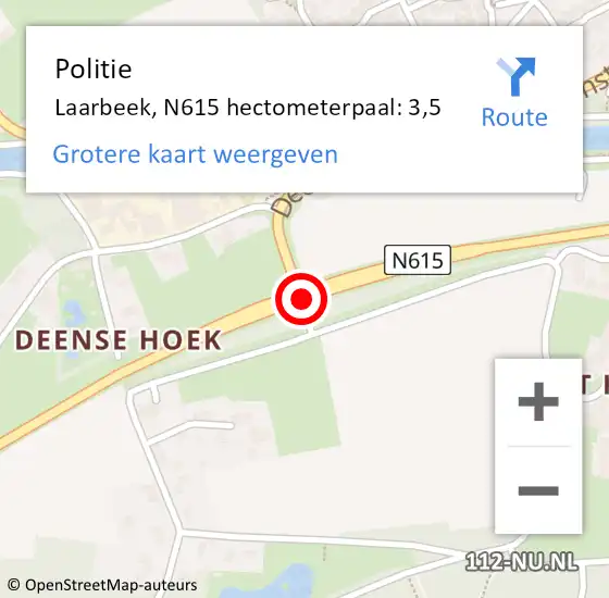 Locatie op kaart van de 112 melding: Politie Laarbeek, N615 hectometerpaal: 3,5 op 18 september 2021 13:48