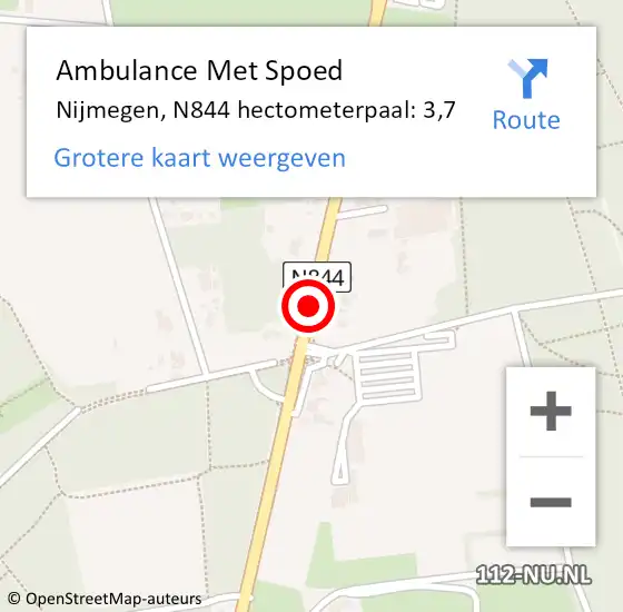 Locatie op kaart van de 112 melding: Ambulance Met Spoed Naar Nijmegen, N844 hectometerpaal: 3,7 op 18 september 2021 14:52