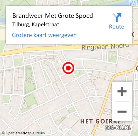 Locatie op kaart van de 112 melding: Brandweer Met Grote Spoed Naar Tilburg, Kapelstraat op 18 september 2021 17:32