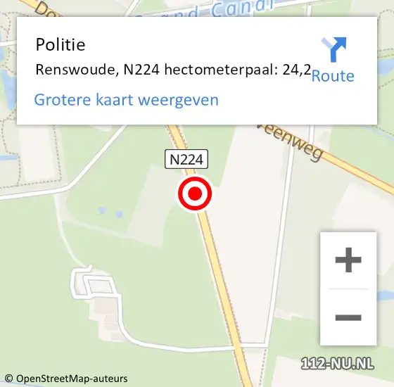 Locatie op kaart van de 112 melding: Politie Renswoude, N224 hectometerpaal: 24,2 op 19 september 2021 06:35