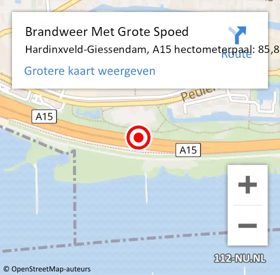 Locatie op kaart van de 112 melding: Brandweer Met Grote Spoed Naar Hardinxveld-Giessendam, A15 hectometerpaal: 85,8 op 19 september 2021 14:19