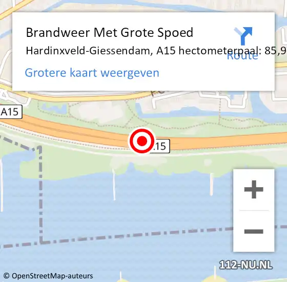 Locatie op kaart van de 112 melding: Brandweer Met Grote Spoed Naar Hardinxveld-Giessendam, A15 hectometerpaal: 85,9 op 19 september 2021 14:19