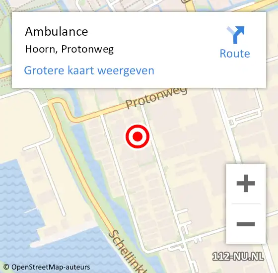 Locatie op kaart van de 112 melding: Ambulance Hoorn, Protonweg op 20 september 2021 09:01