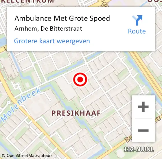 Locatie op kaart van de 112 melding: Ambulance Met Grote Spoed Naar Arnhem, De Bitterstraat op 20 september 2021 22:44