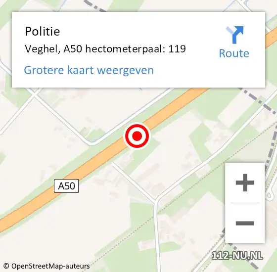 Locatie op kaart van de 112 melding: Politie Veghel, A50 hectometerpaal: 119 op 21 september 2021 07:56
