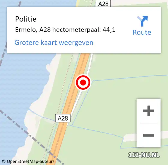 Locatie op kaart van de 112 melding: Politie Ermelo, A28 hectometerpaal: 44,1 op 21 september 2021 15:25
