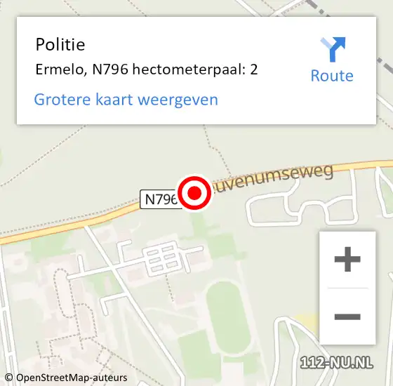 Locatie op kaart van de 112 melding: Politie Ermelo, N796 hectometerpaal: 2 op 21 september 2021 20:53