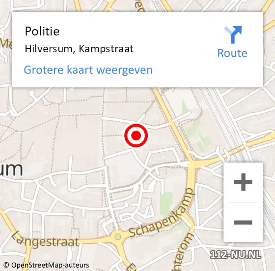 Locatie op kaart van de 112 melding: Politie Hilversum, Kampstraat op 22 september 2021 07:50