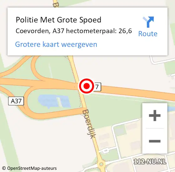 Locatie op kaart van de 112 melding: Politie Met Grote Spoed Naar Coevorden, A37 hectometerpaal: 26,6 op 22 september 2021 11:28