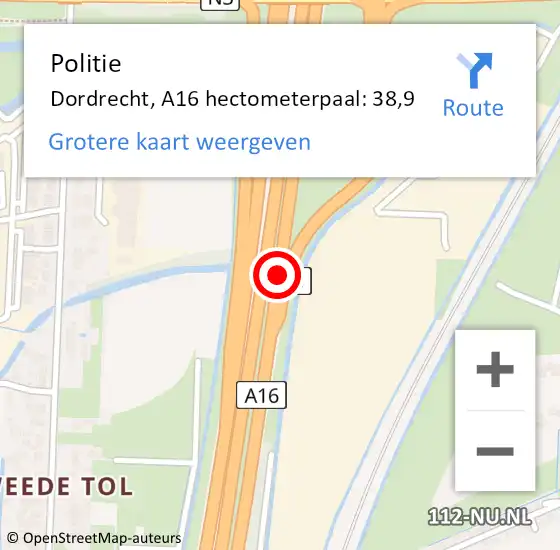 Locatie op kaart van de 112 melding: Politie Dordrecht, A16 hectometerpaal: 38,9 op 22 september 2021 14:37