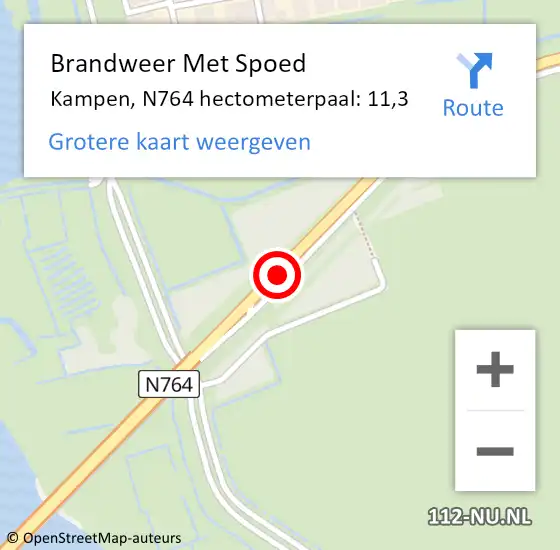 Locatie op kaart van de 112 melding: Brandweer Met Spoed Naar Kampen, N764 hectometerpaal: 11,3 op 22 september 2021 16:34