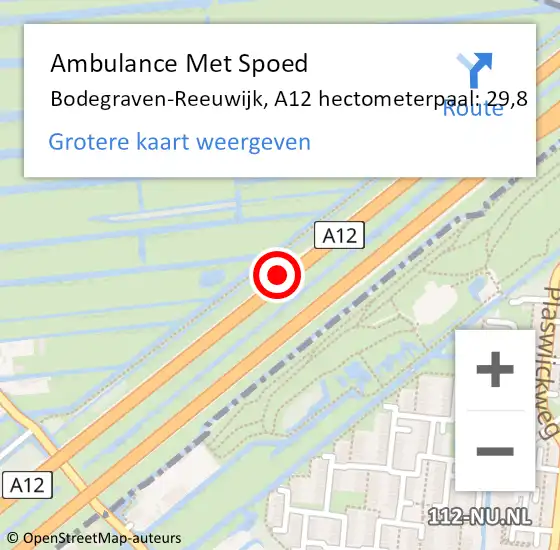 Locatie op kaart van de 112 melding: Ambulance Met Spoed Naar Bodegraven-Reeuwijk, A12 hectometerpaal: 29,8 op 23 september 2021 15:28