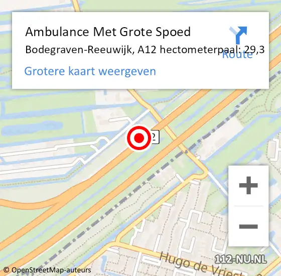 Locatie op kaart van de 112 melding: Ambulance Met Grote Spoed Naar Bodegraven-Reeuwijk, A12 hectometerpaal: 29,3 op 23 september 2021 15:38