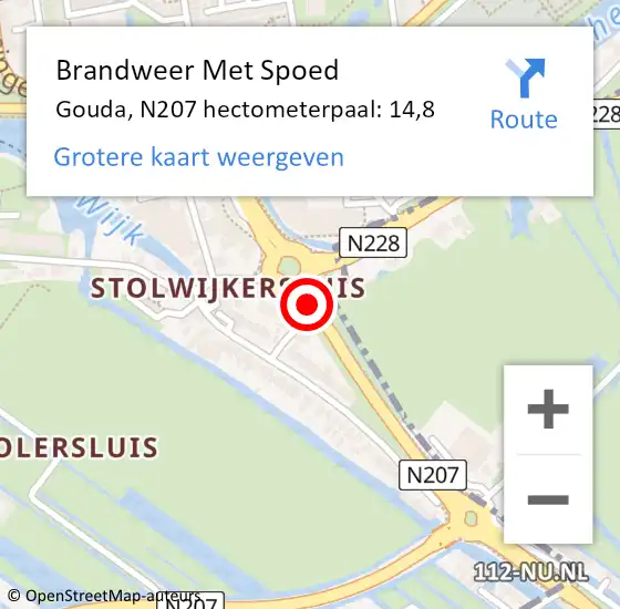 Locatie op kaart van de 112 melding: Brandweer Met Spoed Naar Gouda, N207 hectometerpaal: 14,8 op 24 september 2021 07:55