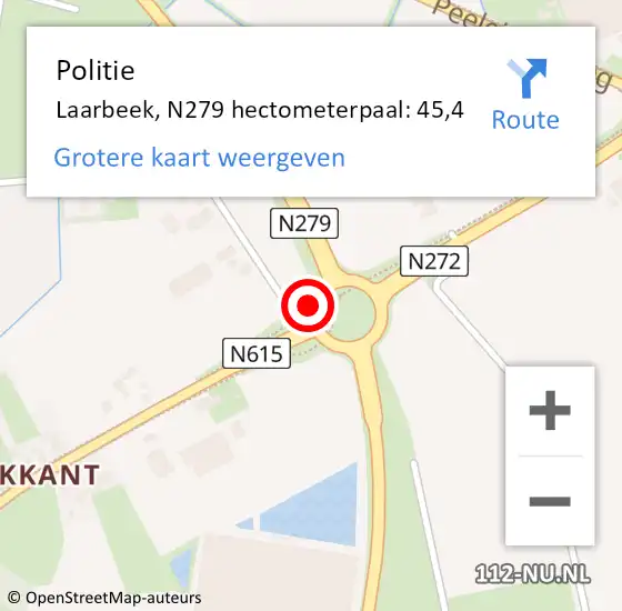 Locatie op kaart van de 112 melding: Politie Laarbeek, N279 hectometerpaal: 45,4 op 24 september 2021 14:24