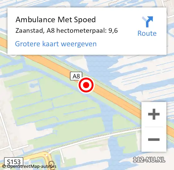 Locatie op kaart van de 112 melding: Ambulance Met Spoed Naar Zaanstad, A8 hectometerpaal: 9,6 op 25 september 2021 11:28