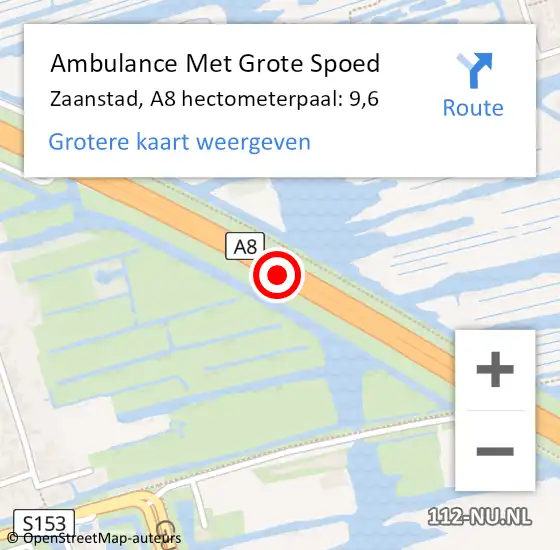 Locatie op kaart van de 112 melding: Ambulance Met Grote Spoed Naar Zaanstad, A8 hectometerpaal: 9,6 op 25 september 2021 11:59