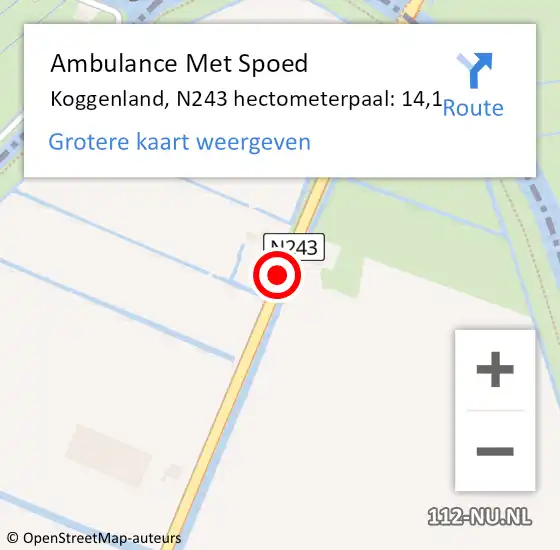 Locatie op kaart van de 112 melding: Ambulance Met Spoed Naar Koggenland, N243 hectometerpaal: 14,1 op 25 september 2021 15:11