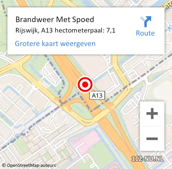 Locatie op kaart van de 112 melding: Brandweer Met Spoed Naar Rijswijk, A13 hectometerpaal: 7,1 op 26 september 2021 13:02