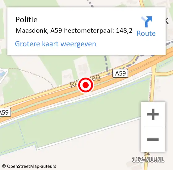 Locatie op kaart van de 112 melding: Politie Maasdonk, A59 hectometerpaal: 148,2 op 26 september 2021 20:59