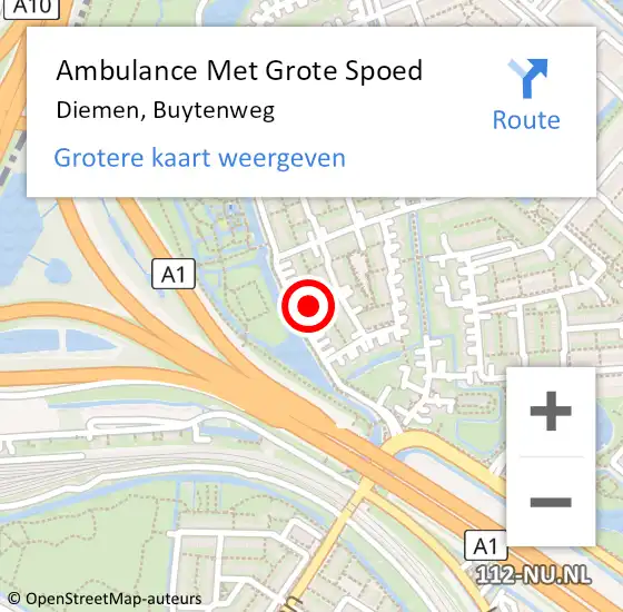 Locatie op kaart van de 112 melding: Ambulance Met Grote Spoed Naar Diemen, Buytenweg op 27 september 2021 05:59