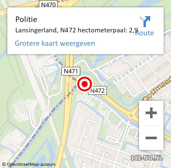 Locatie op kaart van de 112 melding: Politie Lansingerland, N472 hectometerpaal: 2,9 op 27 september 2021 10:19