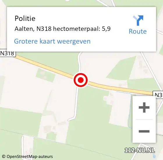 Locatie op kaart van de 112 melding: Politie Aalten, N318 hectometerpaal: 5,9 op 27 september 2021 14:15