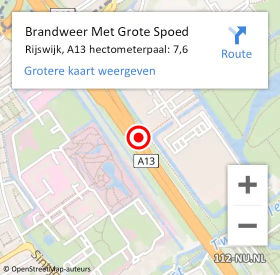Locatie op kaart van de 112 melding: Brandweer Met Grote Spoed Naar Rijswijk, A13 hectometerpaal: 7,6 op 27 september 2021 14:26