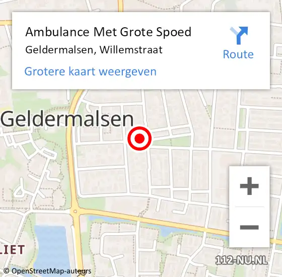 Locatie op kaart van de 112 melding: Ambulance Met Grote Spoed Naar Geldermalsen, Willemstraat op 27 september 2021 19:55