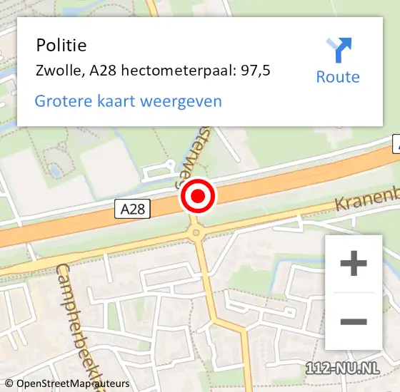 Locatie op kaart van de 112 melding: Politie Zwolle, A28 hectometerpaal: 97,5 op 28 september 2021 08:40