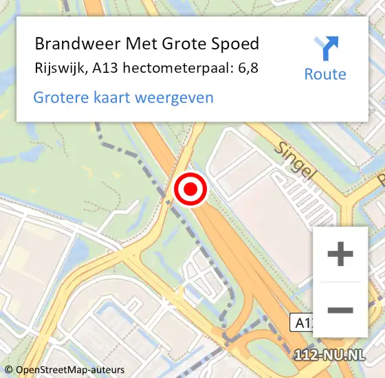 Locatie op kaart van de 112 melding: Brandweer Met Grote Spoed Naar Rijswijk, A13 hectometerpaal: 6,8 op 28 september 2021 19:04
