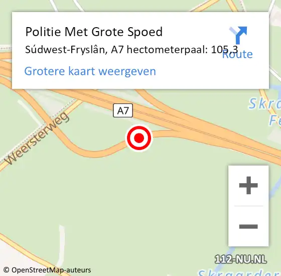 Locatie op kaart van de 112 melding: Politie Met Grote Spoed Naar Súdwest-Fryslân, A7 hectometerpaal: 105,3 op 29 september 2021 09:31