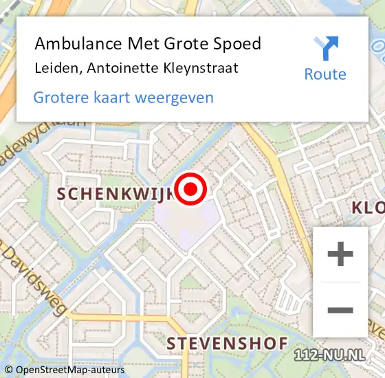 Locatie op kaart van de 112 melding: Ambulance Met Grote Spoed Naar Leiden, Antoinette Kleynstraat op 29 september 2021 13:25