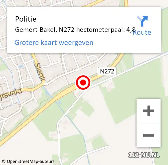 Locatie op kaart van de 112 melding: Politie Gemert-Bakel, N272 hectometerpaal: 4,8 op 29 september 2021 13:30