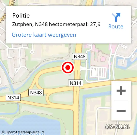 Locatie op kaart van de 112 melding: Politie Zutphen, N348 hectometerpaal: 27,9 op 29 september 2021 18:45