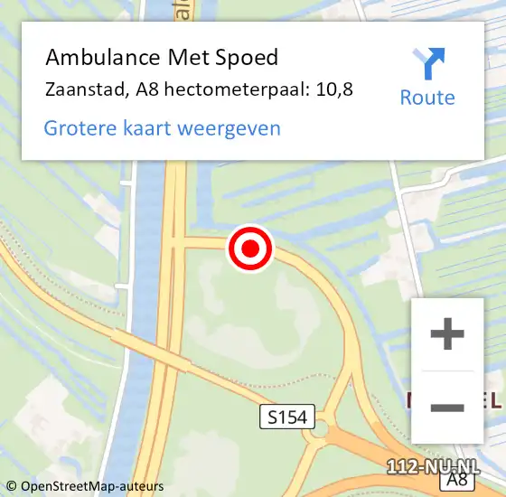 Locatie op kaart van de 112 melding: Ambulance Met Spoed Naar Zaanstad, A8 hectometerpaal: 10,8 op 2 oktober 2021 04:42
