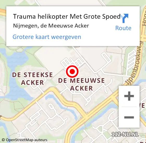 Locatie op kaart van de 112 melding: Trauma helikopter Met Grote Spoed Naar Nijmegen, de Meeuwse Acker op 2 oktober 2021 15:26
