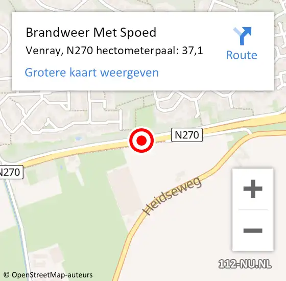 Locatie op kaart van de 112 melding: Brandweer Met Spoed Naar Venray, N270 hectometerpaal: 37,1 op 2 oktober 2021 23:28