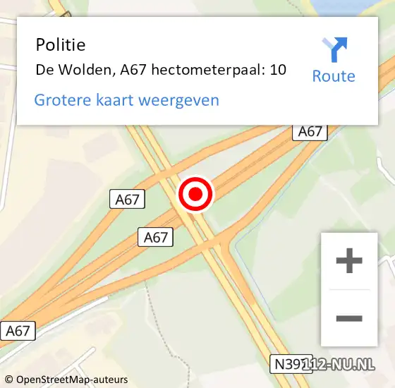 Locatie op kaart van de 112 melding: Politie De Wolden, A67 hectometerpaal: 10 op 3 oktober 2021 09:50