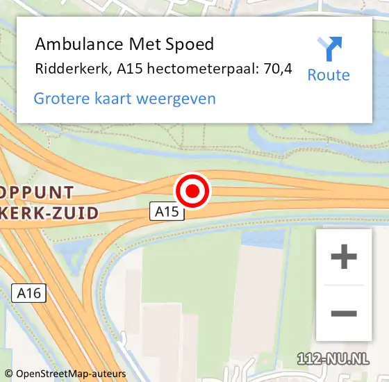 Locatie op kaart van de 112 melding: Ambulance Met Spoed Naar Ridderkerk, A15 hectometerpaal: 70,4 op 3 oktober 2021 21:06