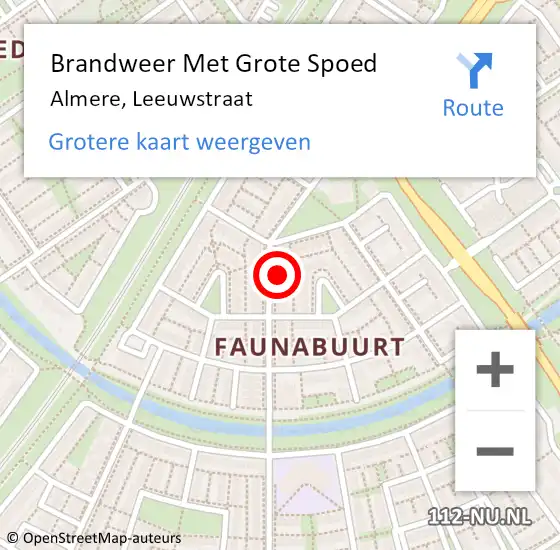 Locatie op kaart van de 112 melding: Brandweer Met Grote Spoed Naar Almere, Leeuwstraat op 3 oktober 2021 23:06