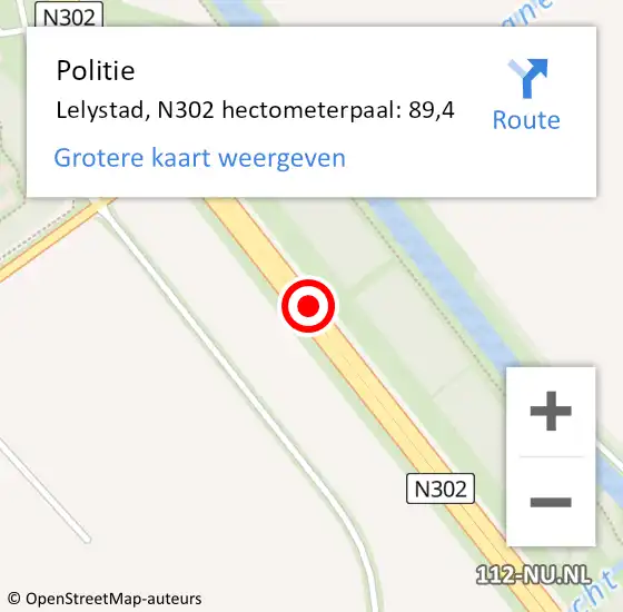 Locatie op kaart van de 112 melding: Politie Lelystad, N302 hectometerpaal: 89,4 op 4 oktober 2021 12:21