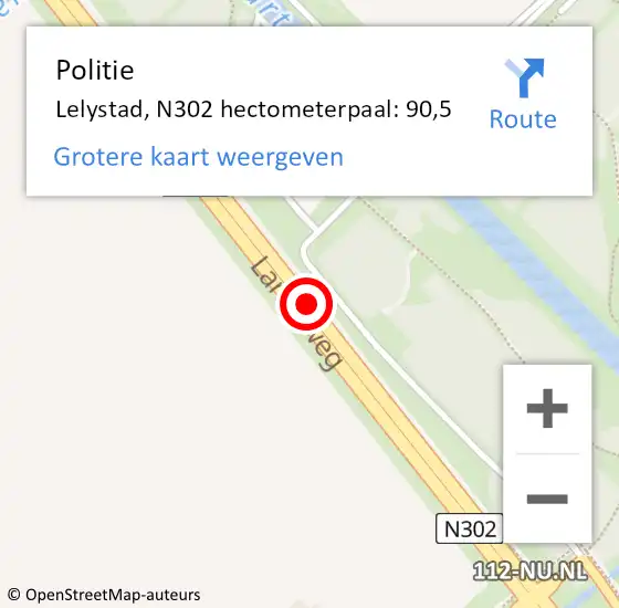 Locatie op kaart van de 112 melding: Politie Lelystad, N302 hectometerpaal: 90,5 op 4 oktober 2021 12:25