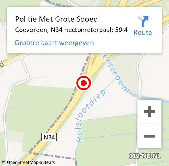 Locatie op kaart van de 112 melding: Politie Met Grote Spoed Naar Coevorden, N34 hectometerpaal: 59,4 op 4 oktober 2021 17:09