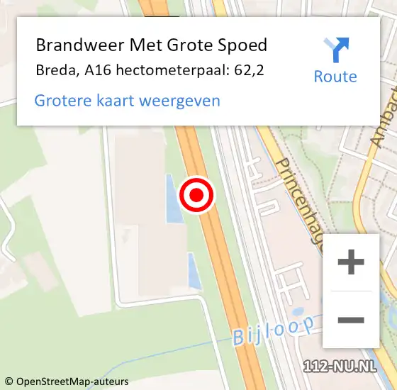 Locatie op kaart van de 112 melding: Brandweer Met Grote Spoed Naar Breda, A16 hectometerpaal: 62,2 op 4 oktober 2021 20:19