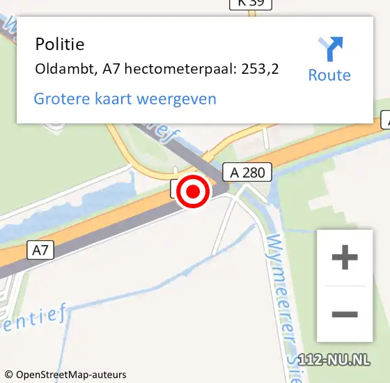 Locatie op kaart van de 112 melding: Politie Oldambt, A7 hectometerpaal: 253,2 op 6 oktober 2021 04:29
