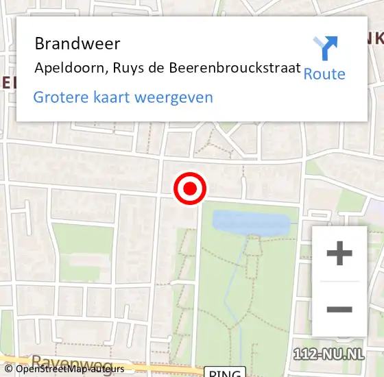 Locatie op kaart van de 112 melding: Brandweer Apeldoorn, Ruys de Beerenbrouckstraat op 6 oktober 2021 11:46
