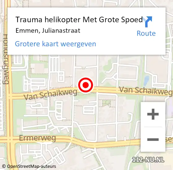 Locatie op kaart van de 112 melding: Trauma helikopter Met Grote Spoed Naar Emmen, Julianastraat op 6 oktober 2021 17:24