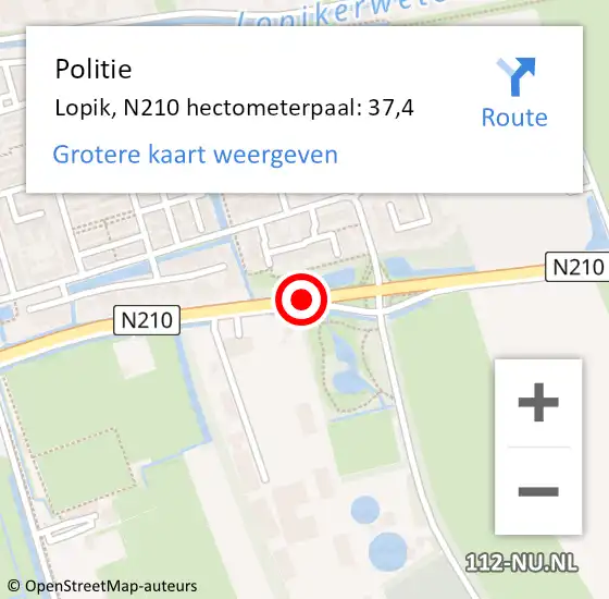 Locatie op kaart van de 112 melding: Politie Lopik, N210 hectometerpaal: 37,4 op 6 oktober 2021 17:41