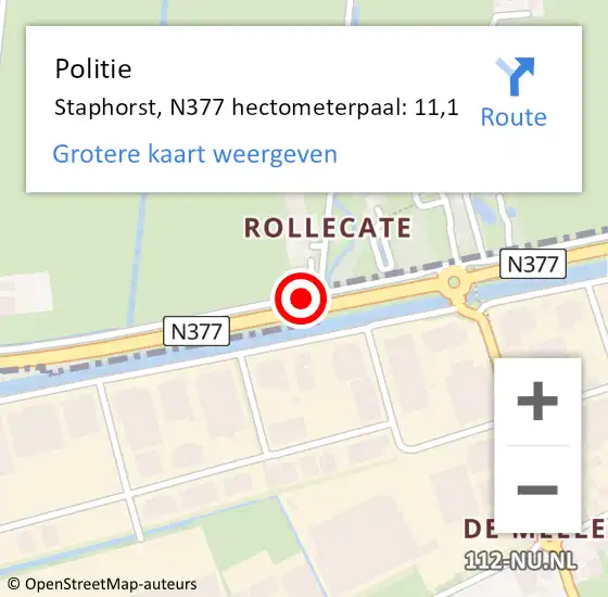 Locatie op kaart van de 112 melding: Politie Staphorst, N377 hectometerpaal: 11,1 op 7 oktober 2021 08:55